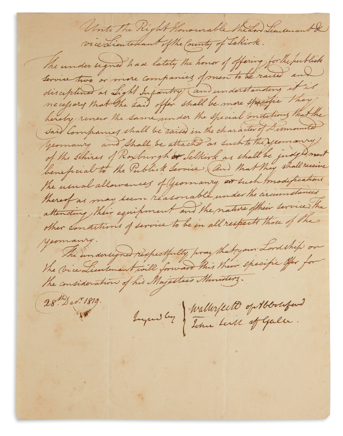 PROPOSING TO RAISE AN ARMY WALTER SCOTT. Document Signed, WalterScott of Abbotsford, offering to t...